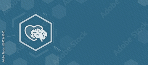 Abstract technology background with a hexagon frame containing a brain and heart icon, representing the connection between artificial intelligence, mental health, and human
