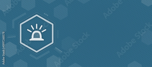 Abstract technology background with a notification alarm icon inside a hexagon, representing system alerts, security warnings, or digital emergency updates.