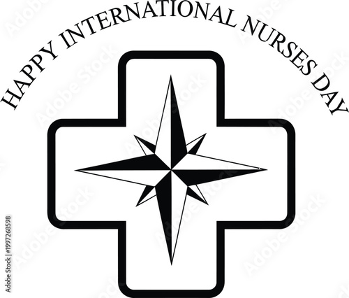 A vector graphic illustration of a Happy International Nurses Day logo with a cross and compass