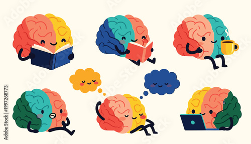 Colorful Brain Characters Reading and Relaxing in Groups