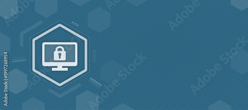 Abstract background with computer screen and padlock icon representing digital security, cybersecurity, data protection, and network safety in a technology-themed hexagonal design.