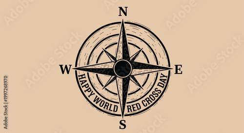 A vintage-style compass illustration with a red cross day theme on a beige background
