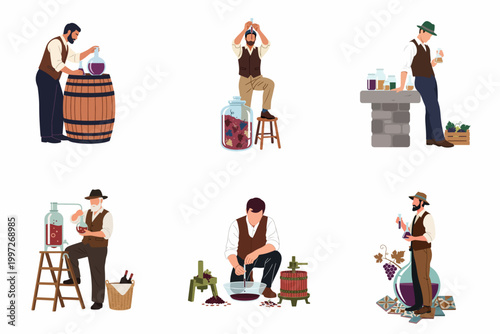 Collection of traditional winemakers and distillers engaged in various stages of wine and alcohol production with rustic equipment and laboratory flasks.