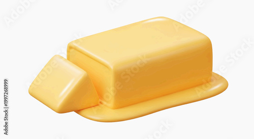 A block of rich, creamy butter, partially cut, with a melting pat on a glossy surface, perfect for culinary and baking themes