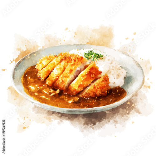 Watercolor Katsu Curry vector, artistic painting style, high-resolution illustration on a pure white background.