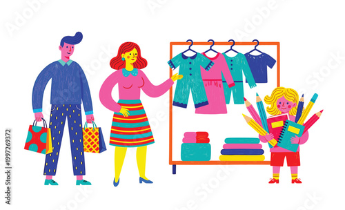 Shoppers at a colorful clothing store with a child choosing outfits