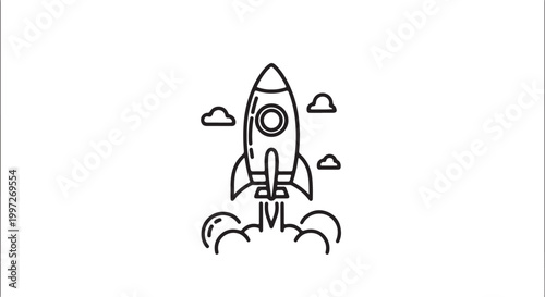 Simple line-drawn cartoon rocket ascending through cloudy sky background, minimalist