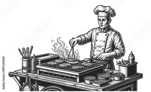 Chef Grilling Food on Station Grill in Kitchen