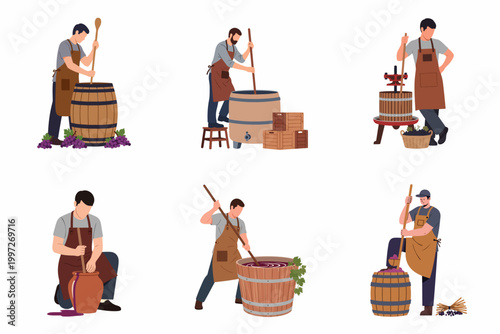 Flat Vector Illustration Set of Traditional Winemaking Processes Featuring Winemakers Working with Wooden Barrels and Grapes