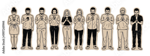 Lineup of People Using Mobile Phones for Group Communication
