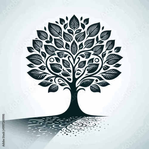 Tree of Life Icon, Black and White Graphic Illustration for Nature, Growth, and Ecology Concepts, Linocut Style Woodcut Art on Light Background