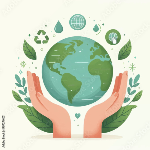 Hands Protecting Planet Earth Illustration for Sustainability and Ecology Concept with Recycling Icons and Leaves