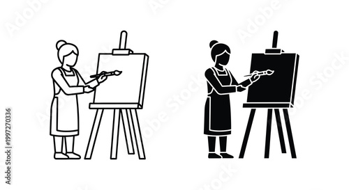 Artist painting at an easel two versions presented as a stark silhouette
