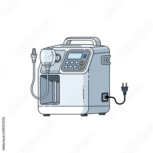 Medical device illustration showing a nebulizer machine with a power cord and handle.