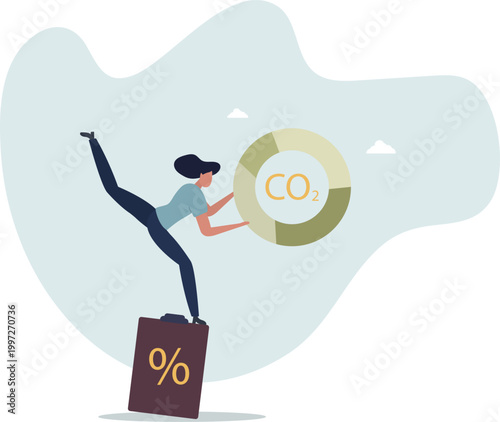 Character showing way to reduce CO2 emission through carbon tax, credit and eco investing. Low carbon and environmental responsibility concept.person's life situation and his activities.