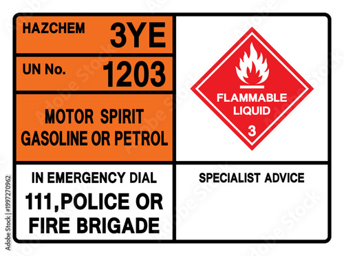 Motor Spirit Gasoline Or Petrol UN 1203 Symbol Sign, Vector Illustration, Isolate On White Background, Label.EPS10
