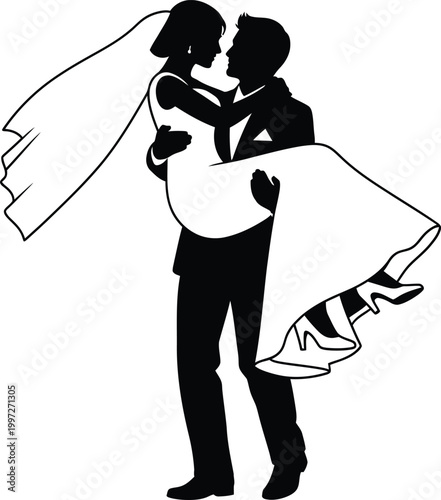 Groom carrying bride in white wedding dress silhouette representing romantic marriage celebration