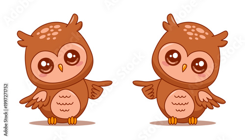 Cute owls pointer pointing with wing cartoon character vector isolated on white.