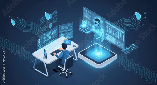 Man working on computer with virtual reality.