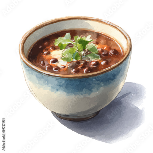 Black Bean Soup watercolor vector illustration, high-quality artwork isolated on a pure white background.