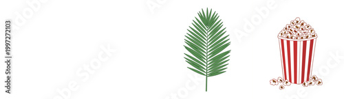 Tropical palm leaf and popcorn bucket vector illustration with natural greenery and cinema snack elements isolated on white background for design use