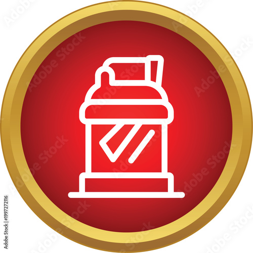 Protein shaker bottle line icon in a red and gold circle