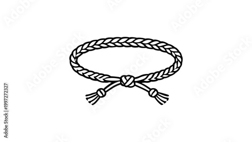 Minimalist black line vector icon of a woven friendship bracelet featuring a central knot and tassels, hand-drawn outline illustration on a white background, scalable graphic for fashion design.