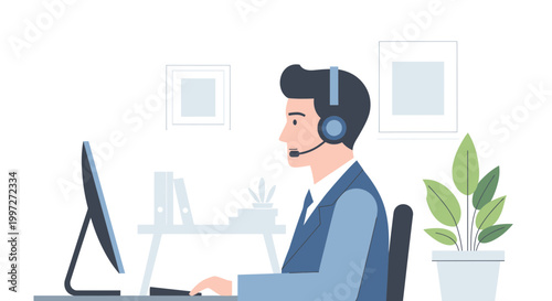 Customer service agent with headset working on computer in modern office