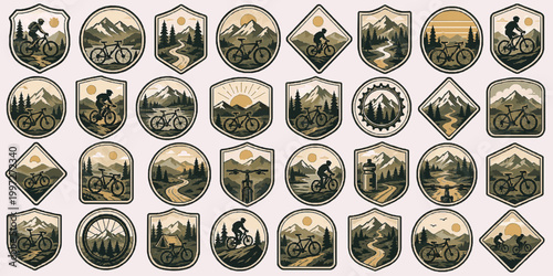 Bike Trail Adventure Pack. Vintage Outdoor SVG Vector Set with Adventure Badges, Camping Emblems, Mountain Crest Logos and Nature Patch Elements, bike trail adventure badges, cycling crest logos
