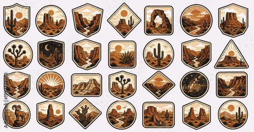 Desert Canyon Badges Pack. Vintage Outdoor SVG Vector Set with Adventure Badges, Camping Emblems, Mountain Crest Logos and Nature Patch Elements, desert canyon badges, canyon crest logos