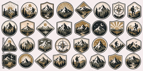 Summit Club Badges Pack. Vintage Outdoor SVG Vector Set with Adventure Badges, Camping Emblems, Mountain Crest Logos and Nature Patch Elements, summit club badges, peak crest logos