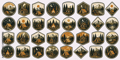 Tent and Cabin Badges Pack. Vintage Outdoor SVG Vector Set with Adventure Badges, Camping Emblems, Mountain Crest Logos and Nature Patch Elements, tent and cabin badges, camp cabin emblems