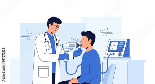 Doctor performing lung function test on patient with spirometer, medical examination