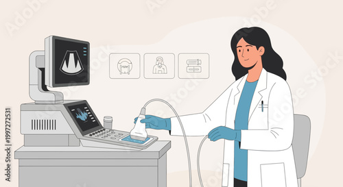 Doctor performs ultrasound scan on patient, medical technology, diagnostic imaging, healthcare concept