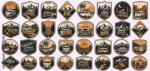 Vanlife Road Badges Pack. Vintage Outdoor SVG Vector Set with Adventure Badges, Camping Emblems, Mountain Crest Logos and Nature Patch Elements, vanlife road badges, road trip emblems