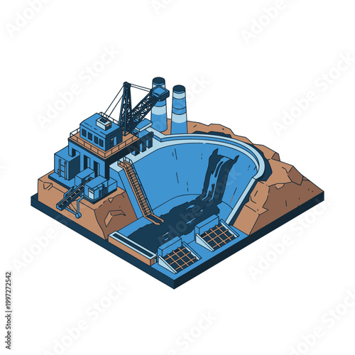 Isometric illustration of a hydroelectric power plant with a dam, reservoir, and industrial machinery.