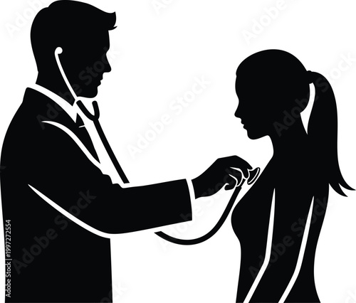 PrintProfessional male doctor using stethoscope to examine female patient during medical consultation