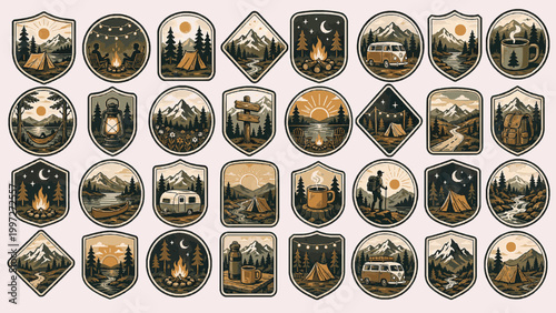 Weekend Camp Stickers Pack. Vintage Outdoor SVG Vector Set with Adventure Badges, Camping Emblems, Mountain Crest Logos and Nature Patch Elements, weekend camp stickers, camping badge bundle