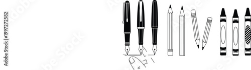 Black and white stationery vector set with fountain pens, pencils, crayons and hand drawn sketch elements isolated for education and design use