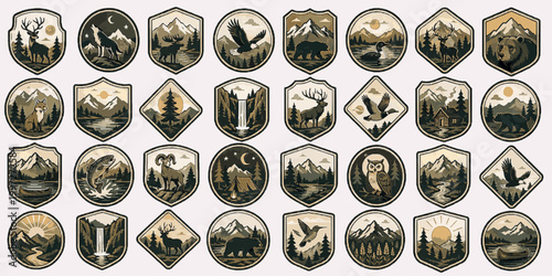 Wildlife Outdoor Emblems Pack. Vintage Outdoor SVG Vector Set with Adventure Badges, Camping Emblems, Mountain Crest Logos and Nature Patch Elements, wildlife outdoor emblems