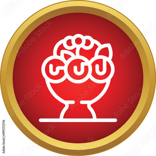 Stylized fruit basket icon on a red and gold circle, symbolizing abundance