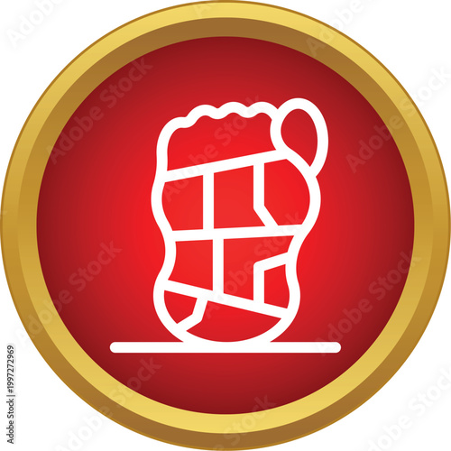 Medical icon representing a fractured foot within a gold bordered red circle