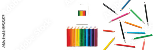 Colorful pencil collection vector illustration with scattered and arranged rainbow pencils, sketchbook set and drawing tools isolated on white background for creative design