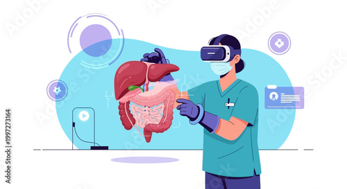 Doctor uses VR headset to examine human digestive system model in virtual reality