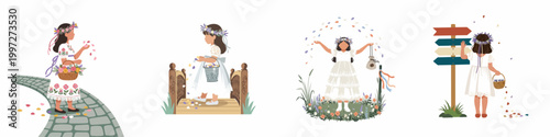 Beautiful flower girl illustrations collection featuring young girls in white dresses scattering petals for wedding and ceremony celebrations.