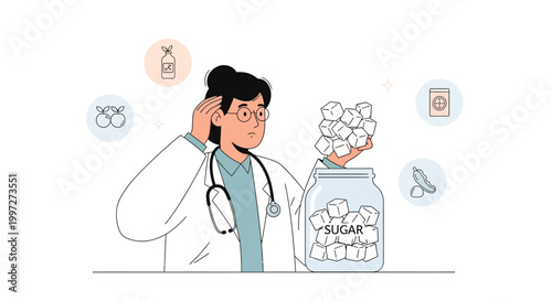 Doctor with sugar cubes in a jar, healthy eating concept