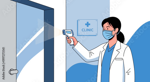 Doctor with thermometer checks temperature at clinic entrance, pandemic prevention