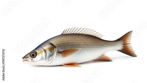 seabass. Fresh sea bass on white background, detailed scales and studio lighting. menu design, packaging mockups, designed for food delivery and cloud-kitchen brand materials.