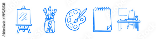 Hand-drawn blue line art set of artist tools including easel, paintbrushes, color palette, sketchbook, and studio desk. Minimalist doodle illustrations for creative and educational projects.