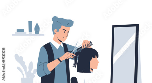 Hairdresser cutting client's hair in modern salon, professional styling, close-up